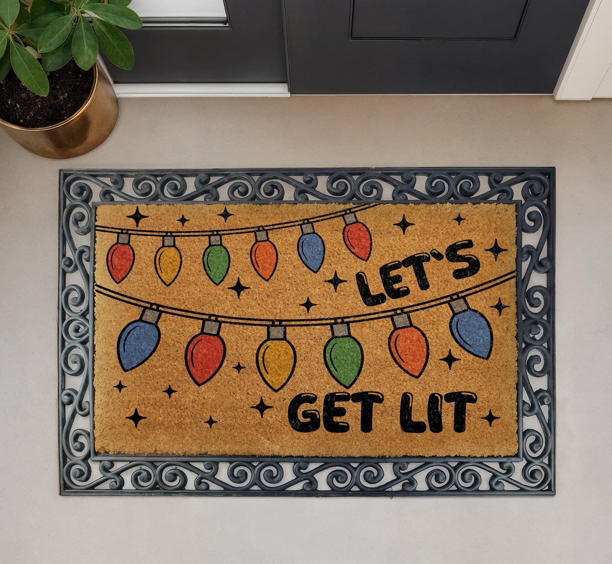 Let's Get Lit Christmas Doormat, Holiday Lights Welcome Mat, Festive Winter Party Gift