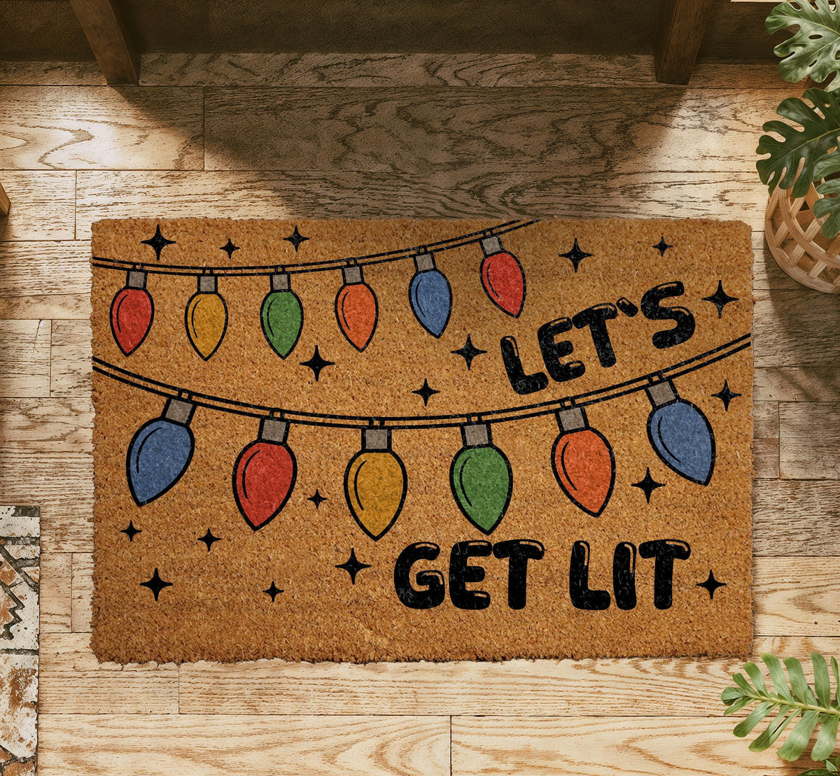 Let's Get Lit Christmas Doormat, Holiday Lights Welcome Mat, Festive Winter Party Gift