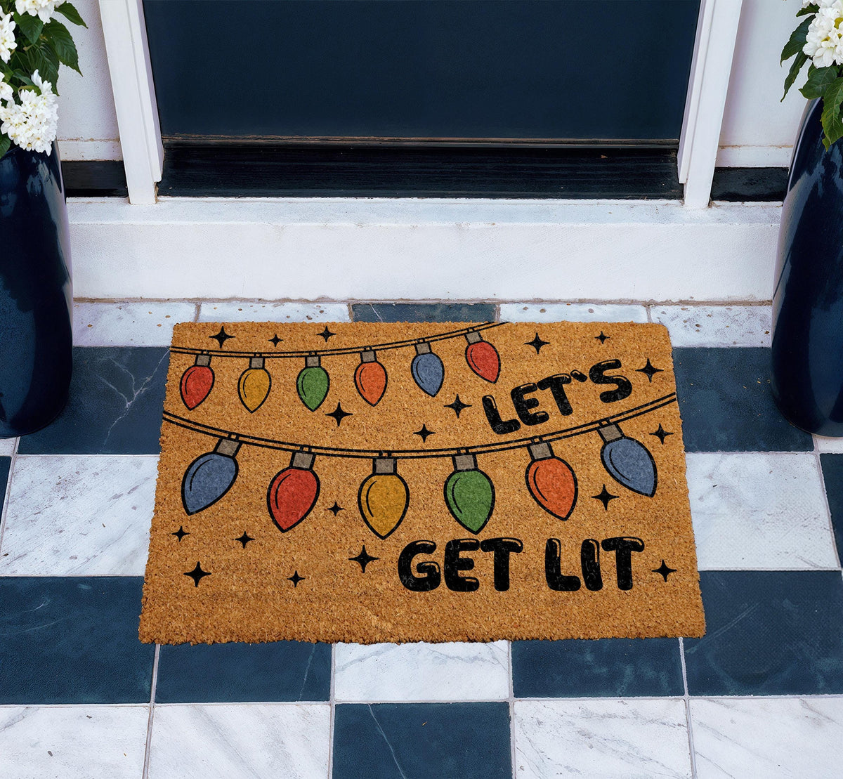 Let's Get Lit Christmas Doormat, Holiday Lights Welcome Mat, Festive Winter Party Gift