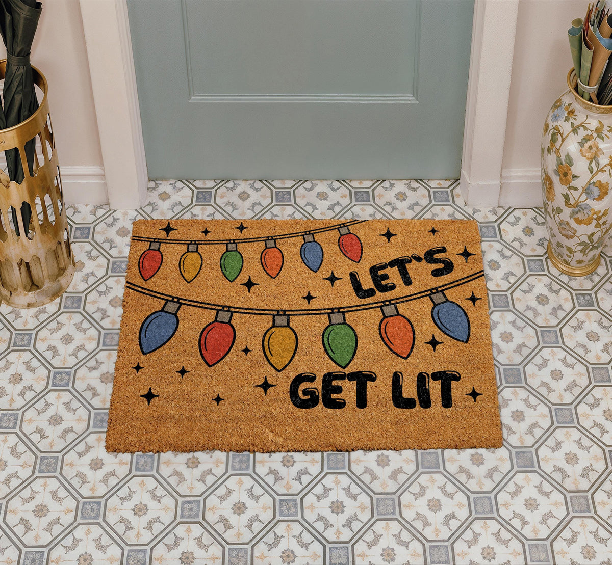Let's Get Lit Christmas Doormat, Holiday Lights Welcome Mat, Festive Winter Party Gift