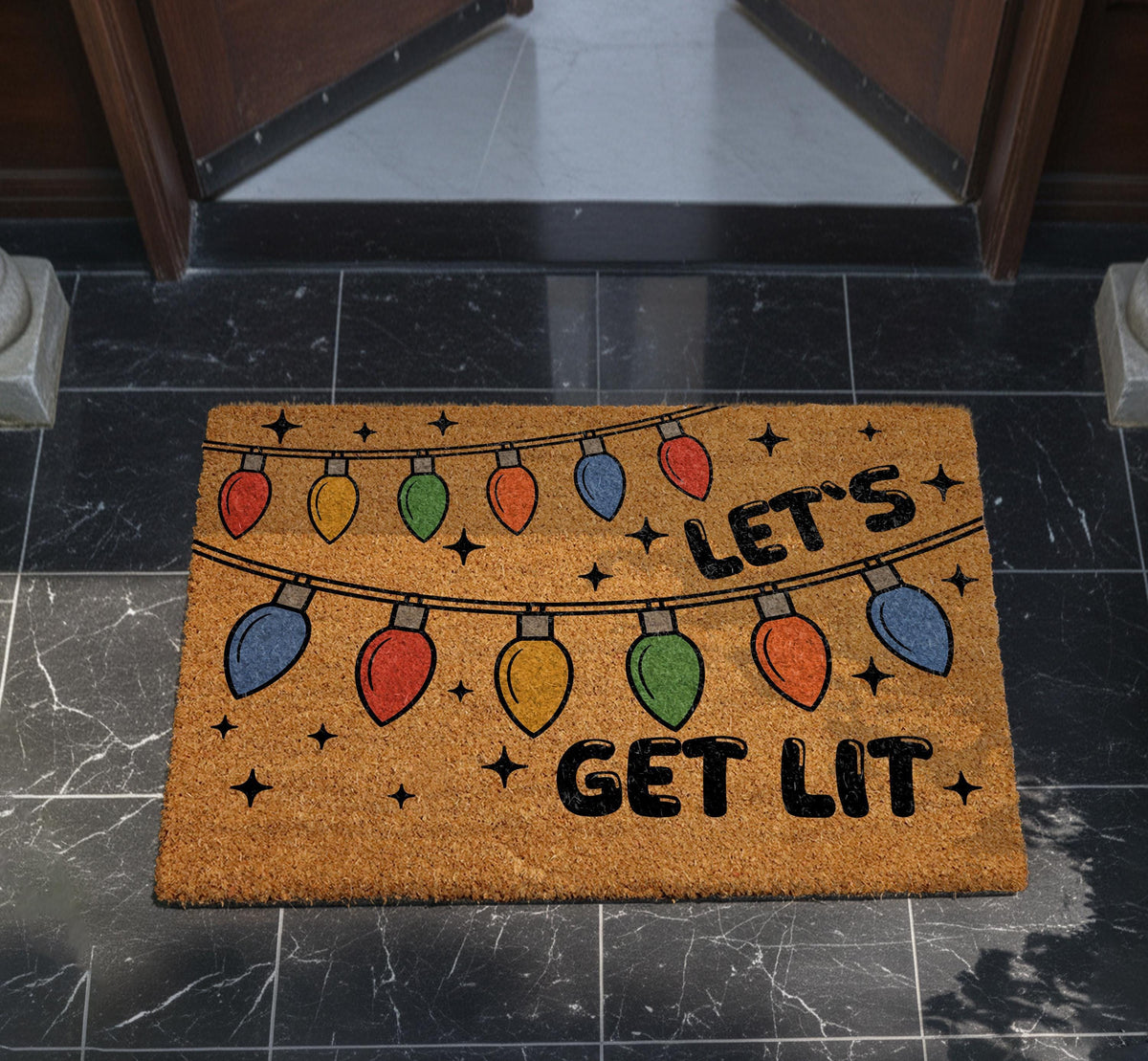 Let's Get Lit Christmas Doormat, Holiday Lights Welcome Mat, Festive Winter Party Gift