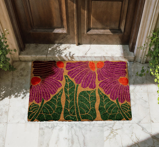 Purple and Green Floral Doormat, Bohemian Colorful Flower Welcome Mat, Boho Home Decor