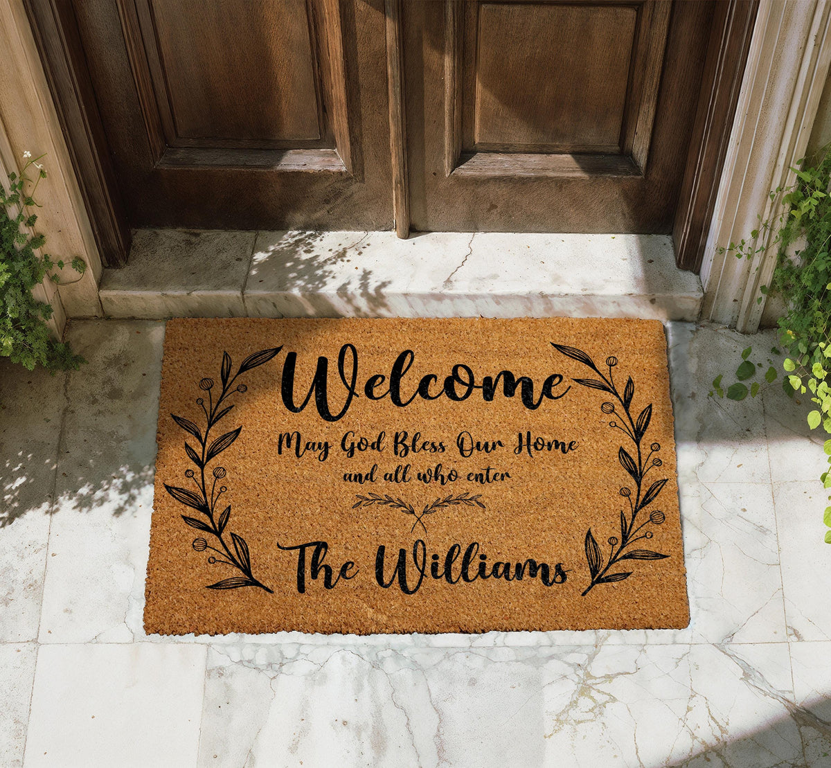 Personalized May God Bless Our Home Welcome Doormat, Custom Family Name Coir Mat