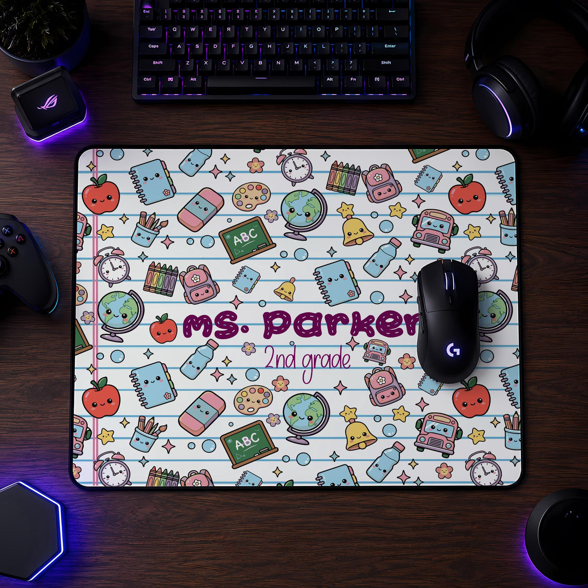Personalized Teacher Desk Mat, Custom Name, School Theme Mouse Pad