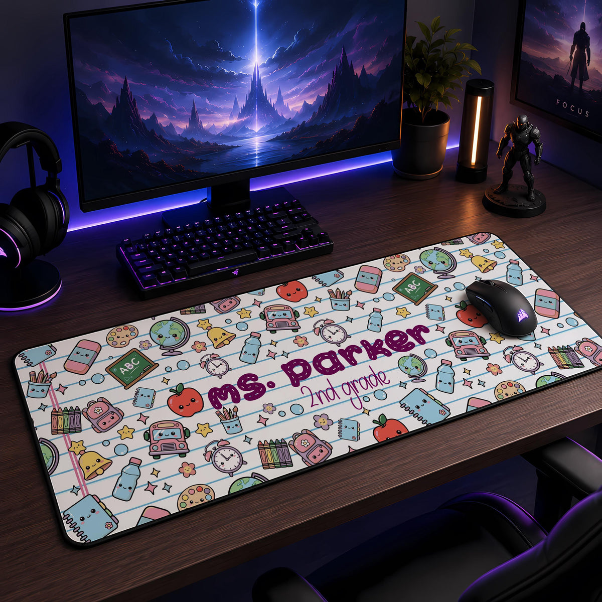 Personalized Teacher Desk Mat, Custom Name, School Theme Mouse Pad