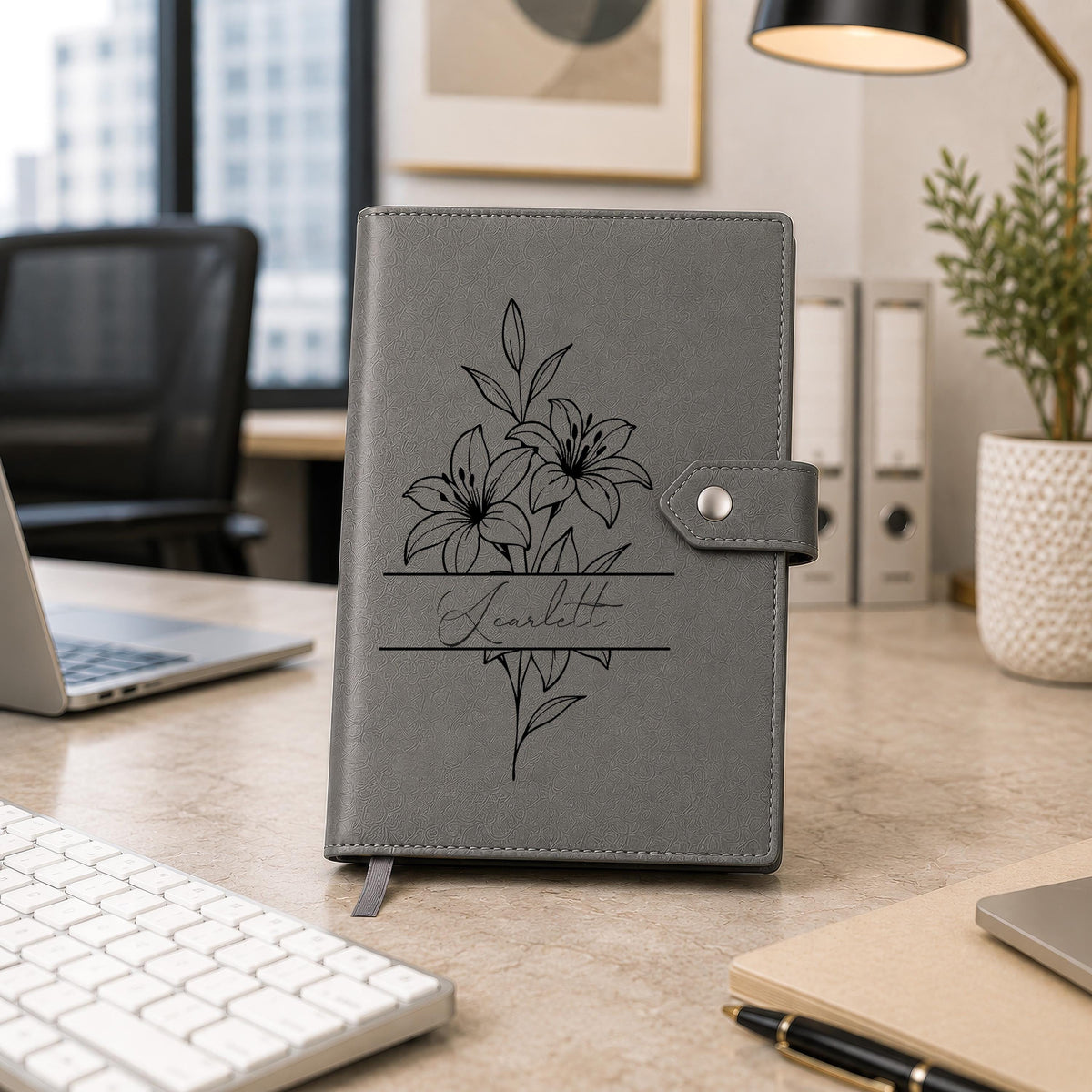 Personalized Vegan Leather Journal, Engraved Floral Notebook