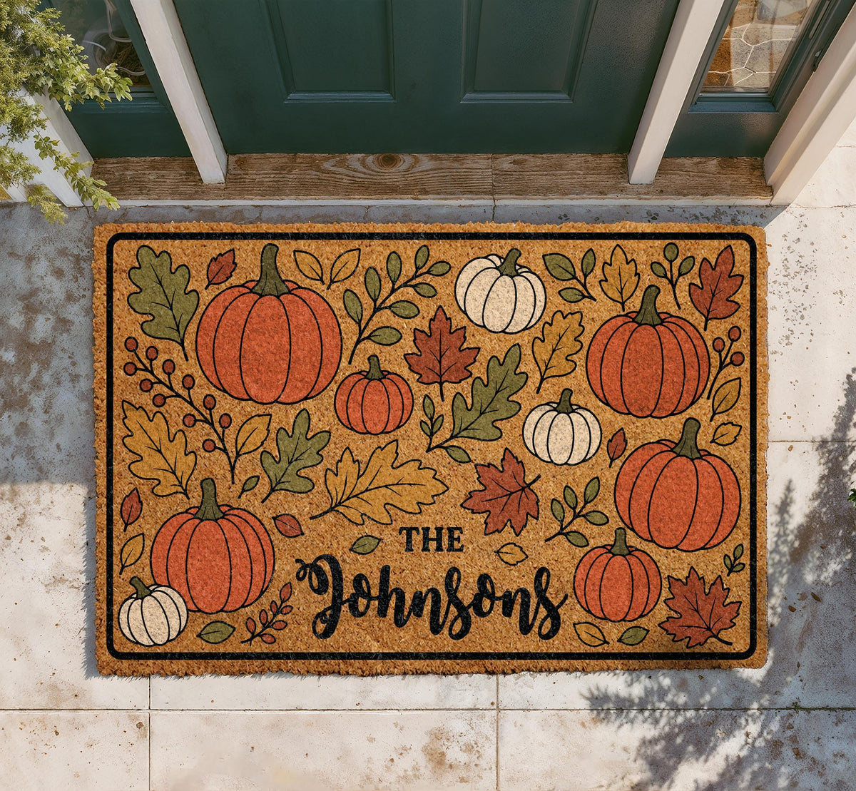 Personalized Pumpkin Doormat, Custom Family Name Fall Leaves Welcome Mat