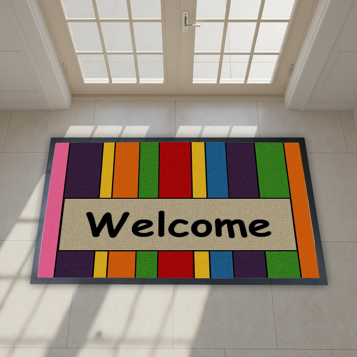 Rainbow Striped Welcome Doormat, Modern Boho Entryway Mat, Pride Home Decor Rug