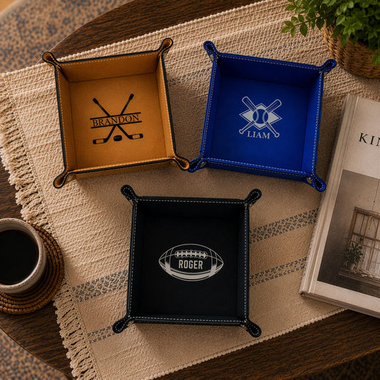Personalized Sports Folding Tray, Engraved Vegan Leather Desk Organizer