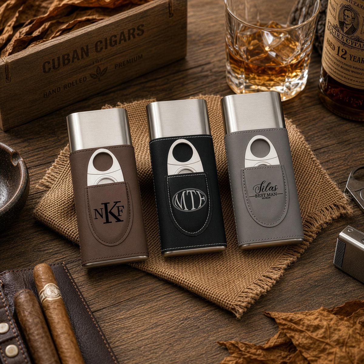 Engraved Vegan Leather Cigar Case with Cutter, Personalized Gift for Him
