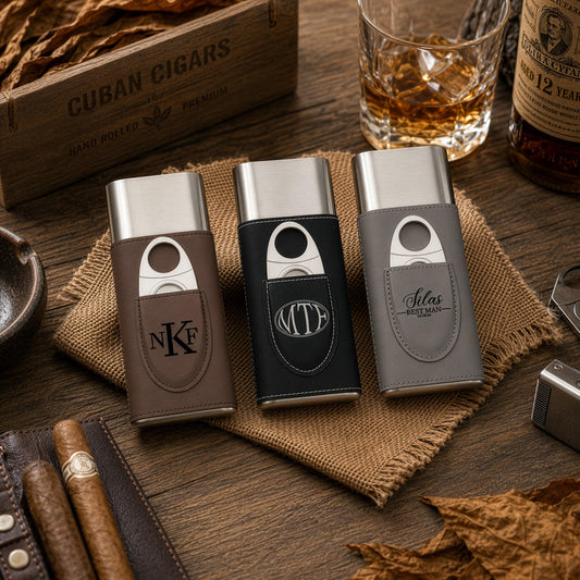 Engraved Vegan Leather Cigar Case with Cutter, Personalized Gift for Him