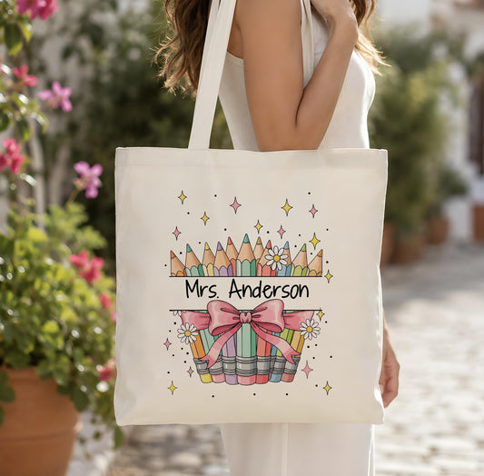 Custom Name Teacher Canvas Bag with Pencils Coquette Bow, Personalized Teacher Tote Bag