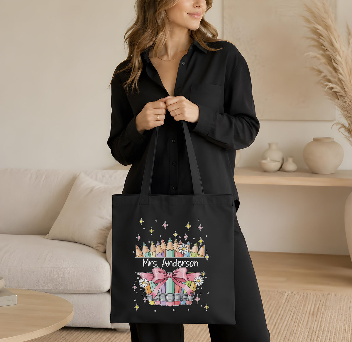 Custom Name Teacher Canvas Bag with Pencils Coquette Bow, Personalized Teacher Tote Bag