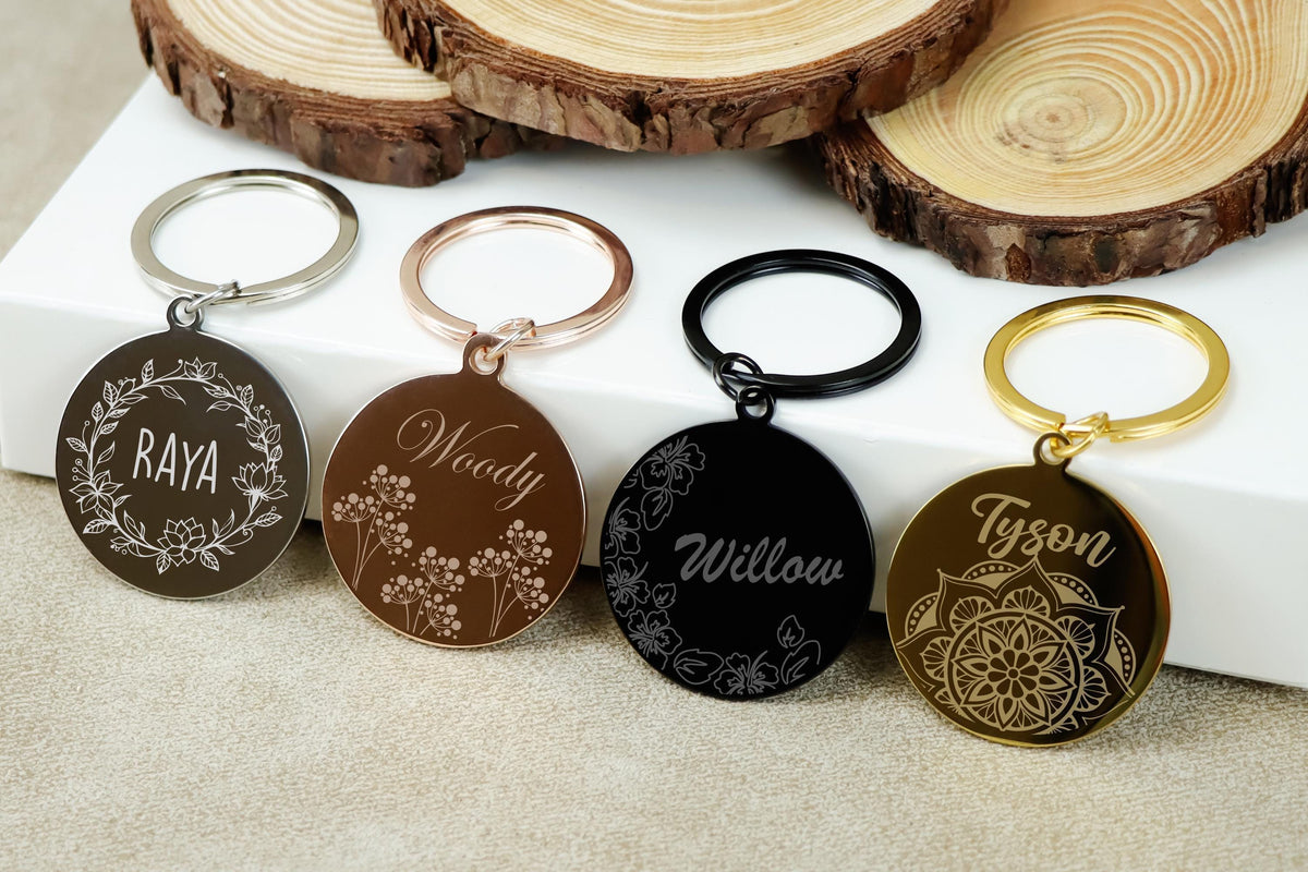 Personalized Stainless Steel Pet ID Tag, Boho Floral Engraved Dog Cat Tag
