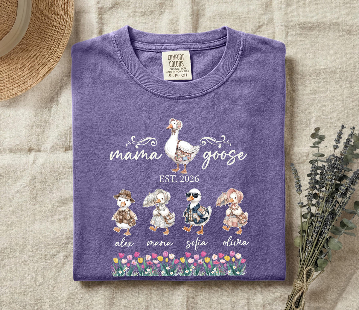 Comfort Colors® Mama Goose Shirt, Personalized Mom Tee with Kids Names, Funny Mother's Day Gift