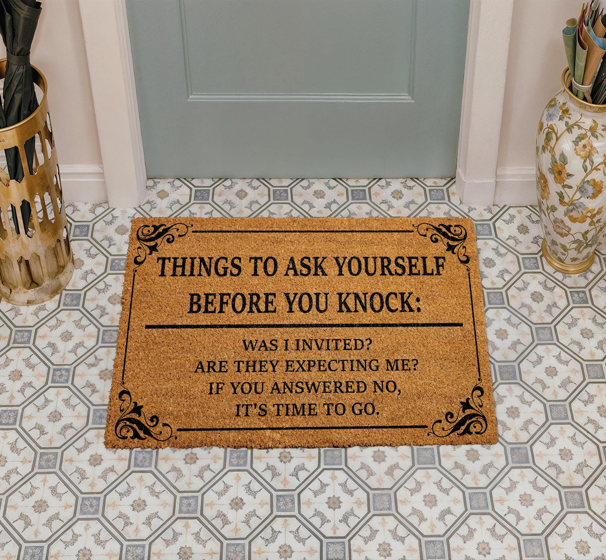 Things to Ask Yourself Before You Knock Doormat, Go Away Welcome Mat, Humorous Front Porch Rug