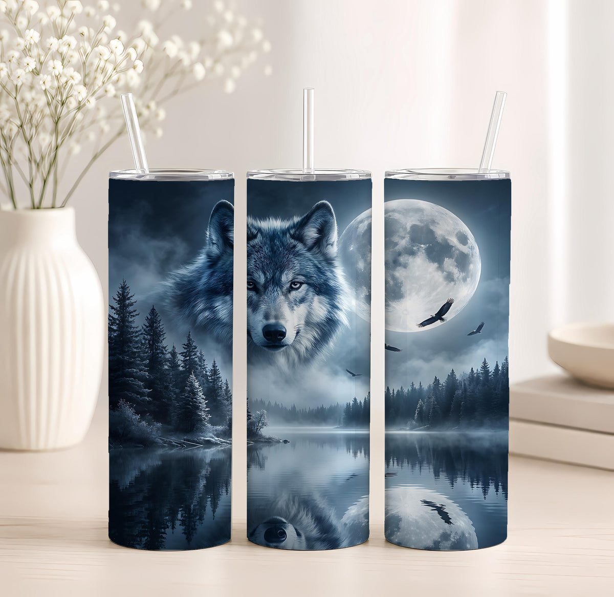 Wolf Moon Forest Tumbler, Mystical Night Travel Mug, Wildlife Nature Cup