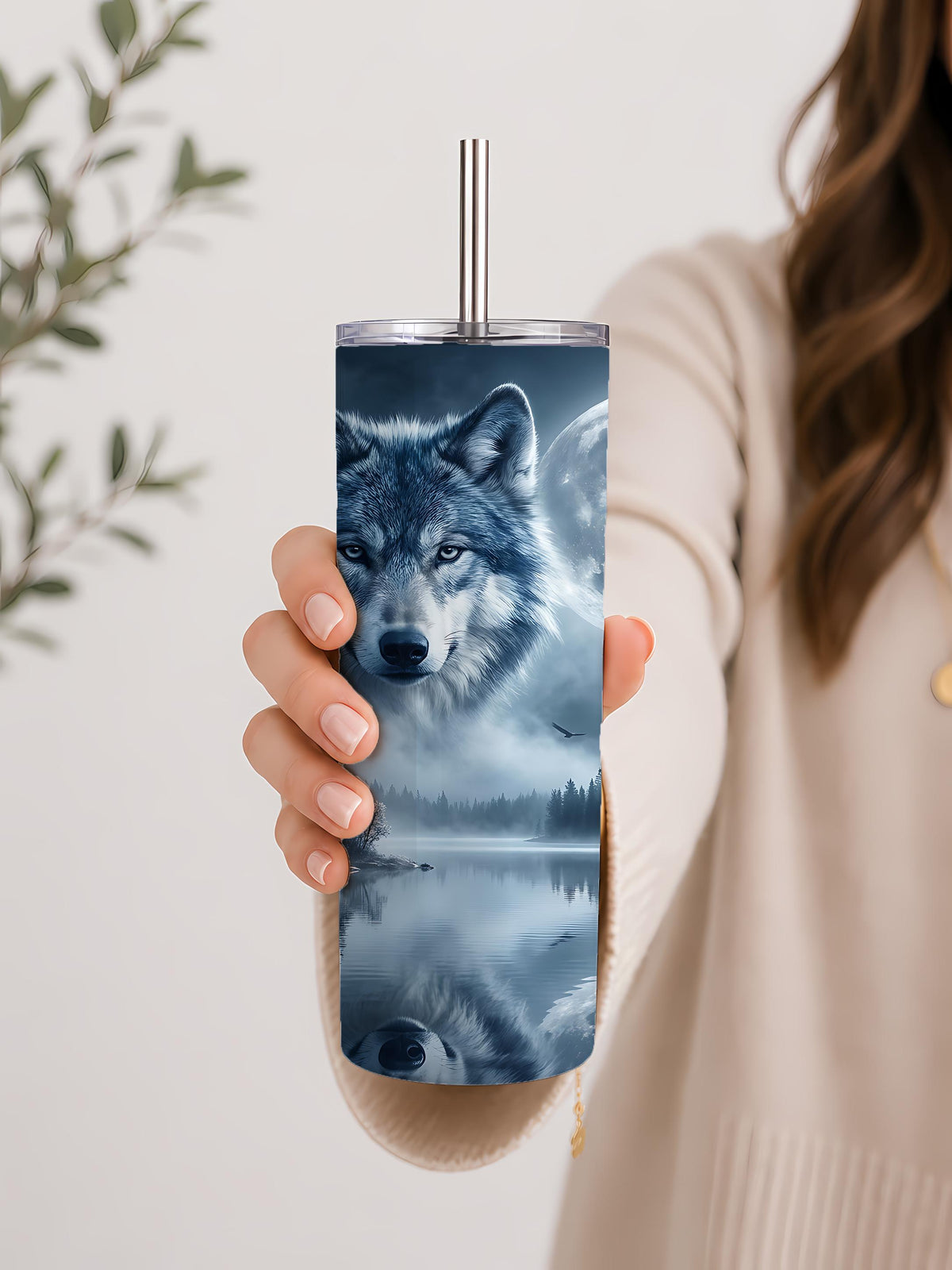 Wolf Moon Forest Tumbler, Mystical Night Travel Mug, Wildlife Nature Cup