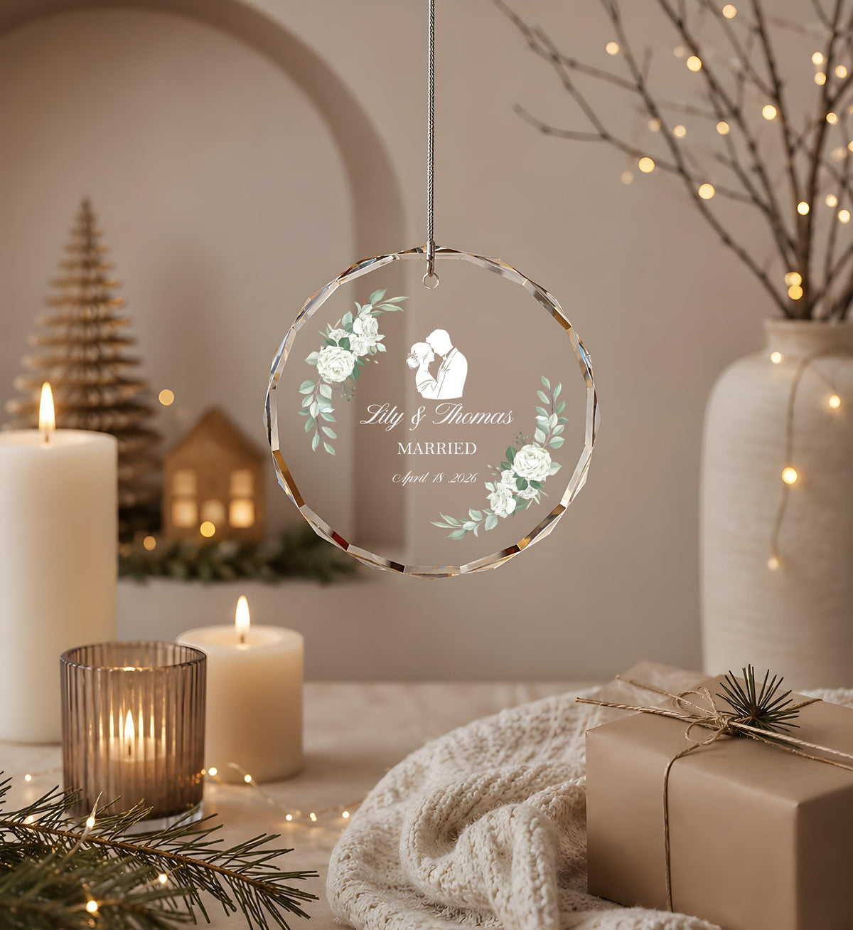 Custom Name & Date Married Crystal Glass Ornament