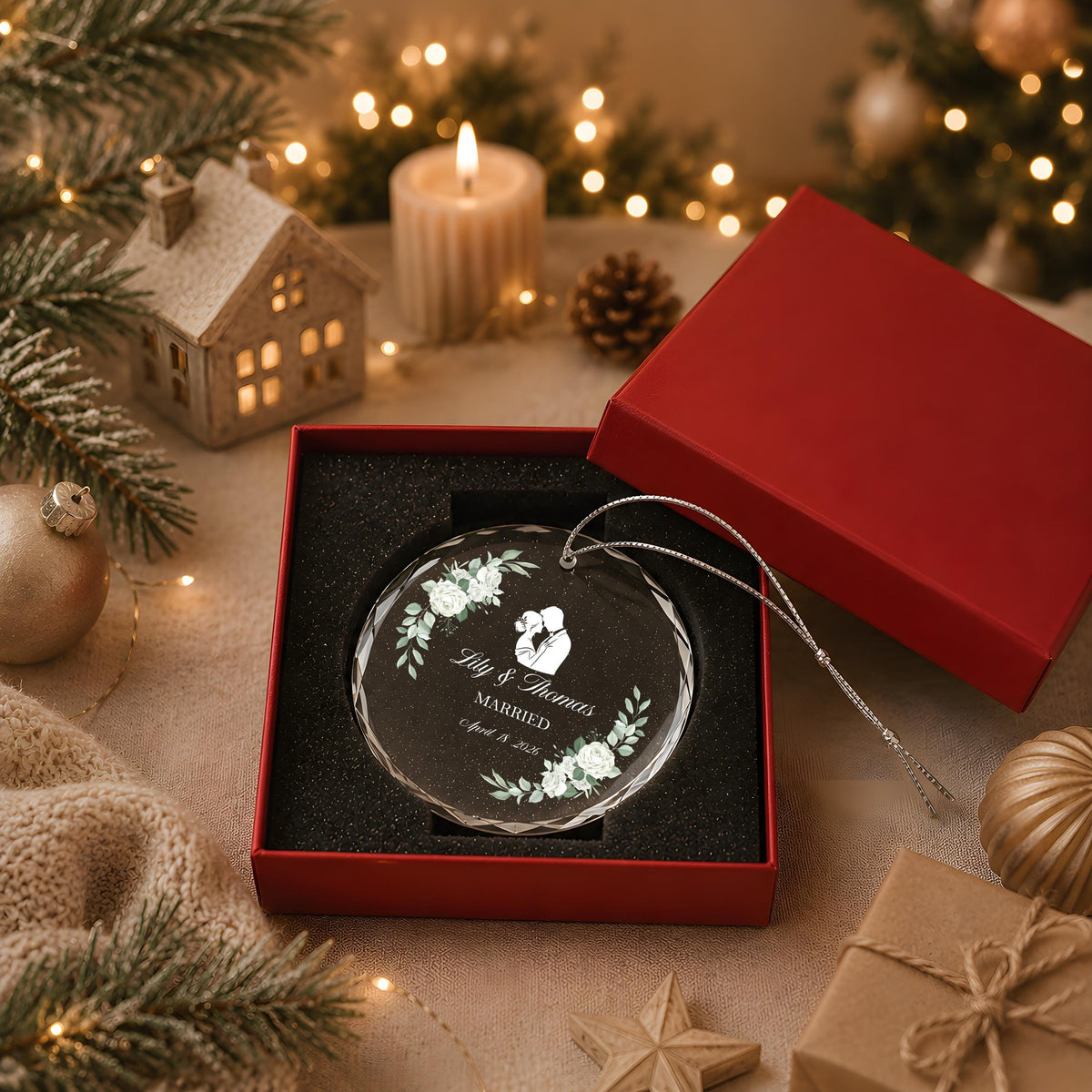 Custom Name & Date Married Crystal Glass Ornament