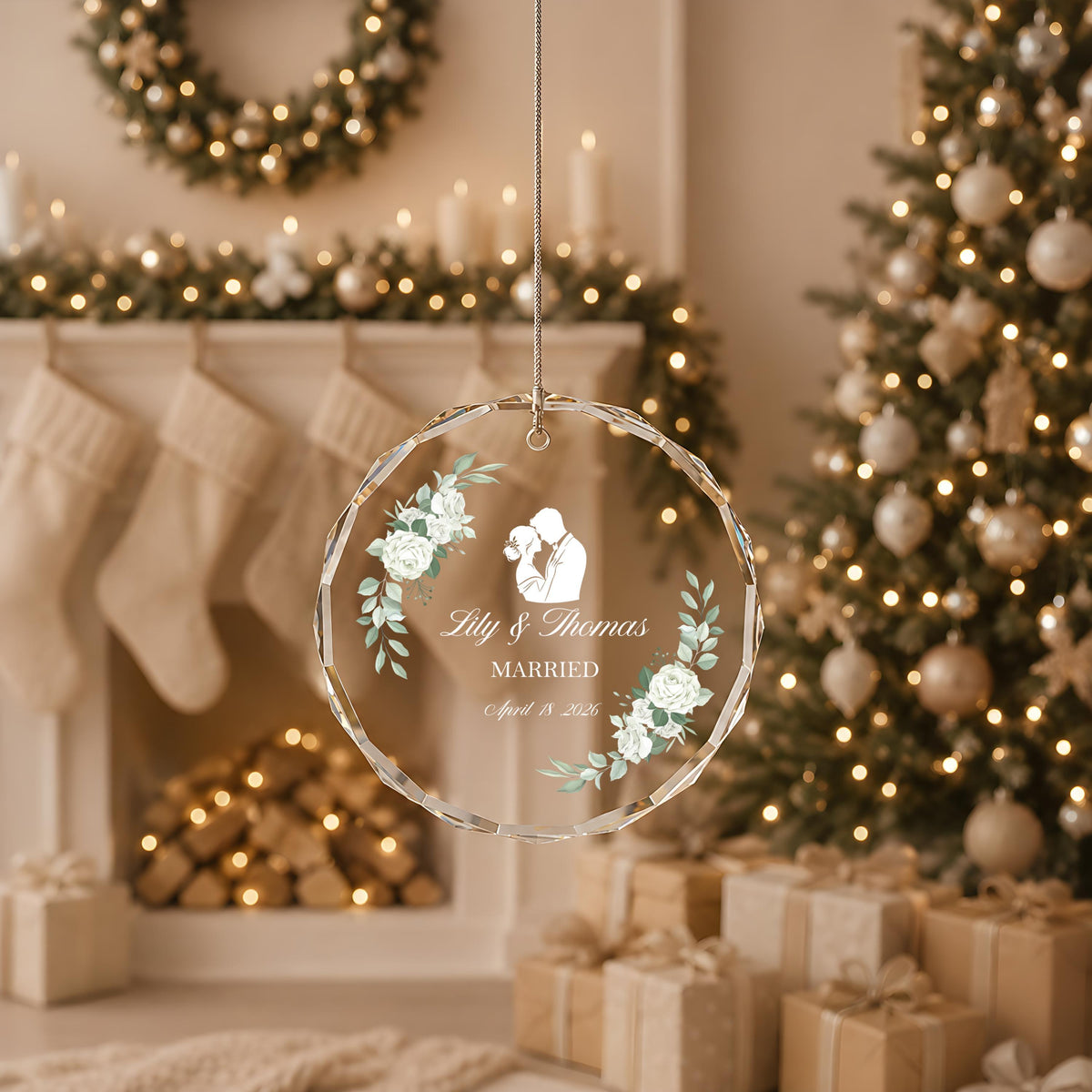 Custom Name & Date Married Crystal Glass Ornament