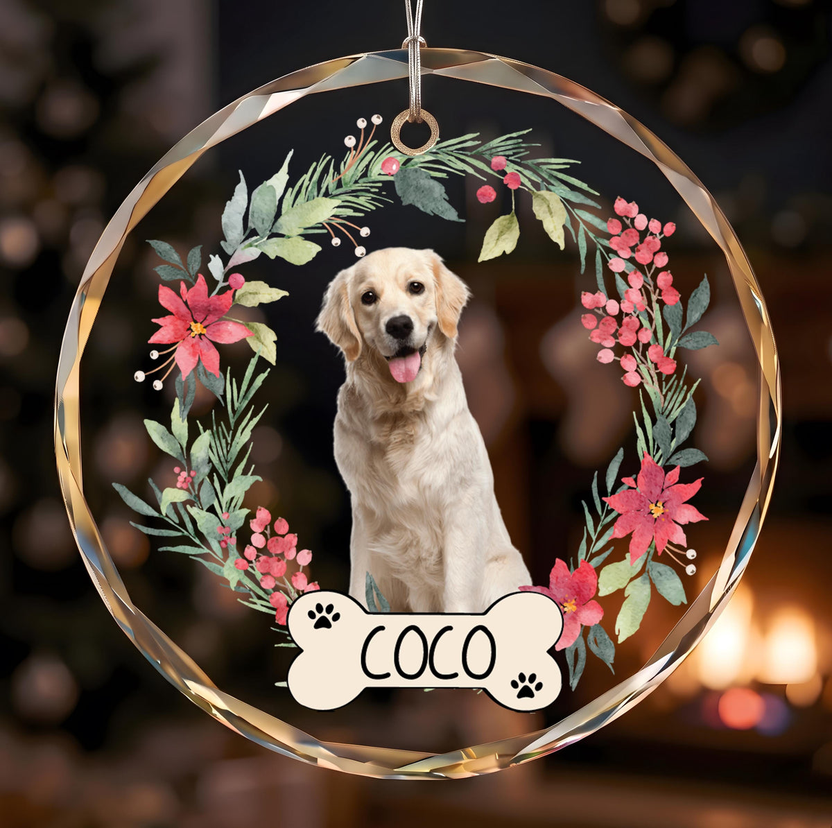 Personalized Dog Photo & Name Ornament, Floral Puppy Lover Christmas Gift