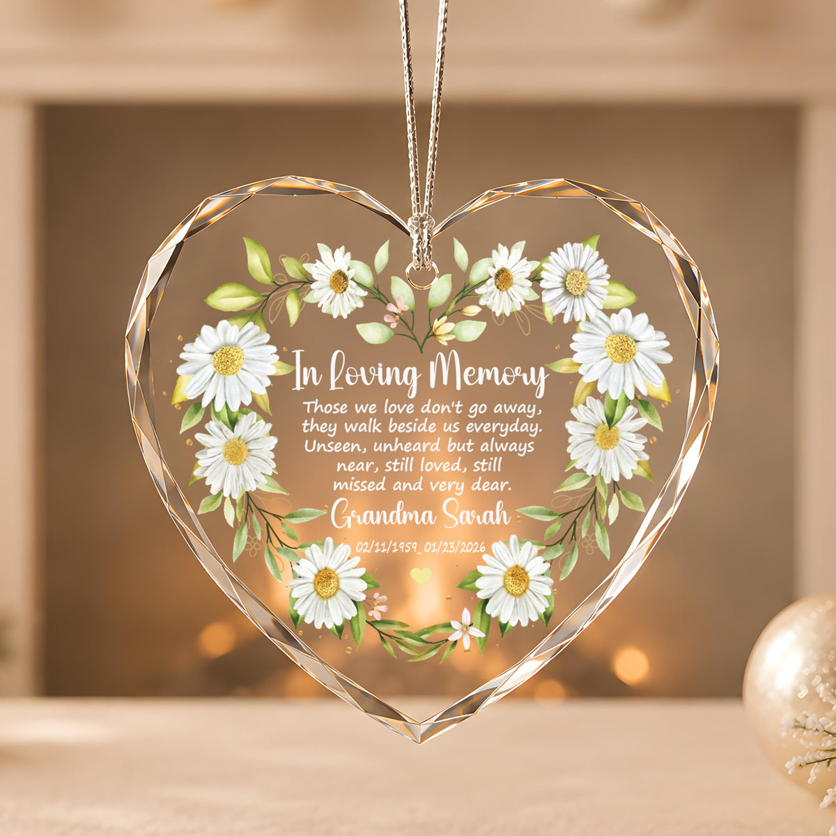 Custom Name & Date In Loving Memory Glass Ornament, Daisy Flower Memorial Heart Keepsake