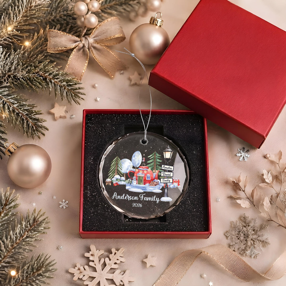 Personalized Family Christmas Ornament, Custom Names Holiday Keepsake, Camping Family Gift