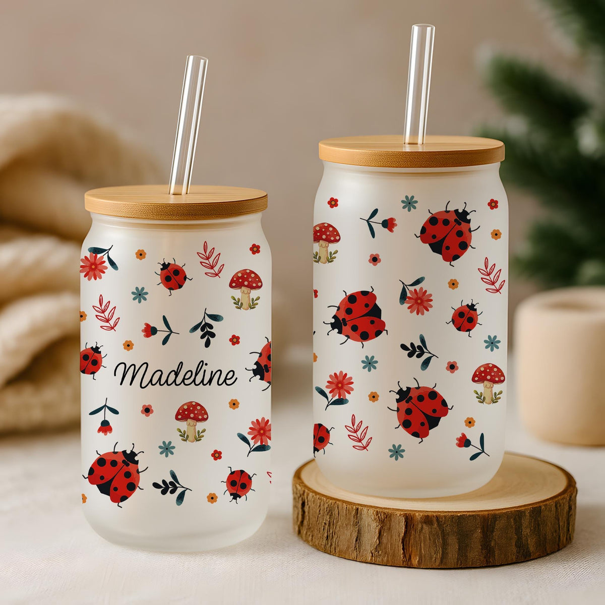 Custom Name Ladybug Design Can Glass Cup, Flower & Mushroom Pattern Iced Coffee Cup