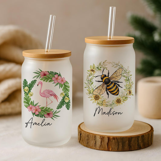 Personalized Floral Insect Bird Iced Coffee Cup, Custom Name Botanical Can Glass Tumbler