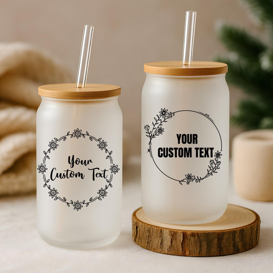 Personalized Floral Wreath Glass Can Cup