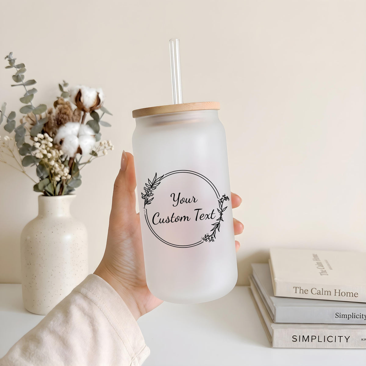 Personalized Floral Wreath Glass Can Cup