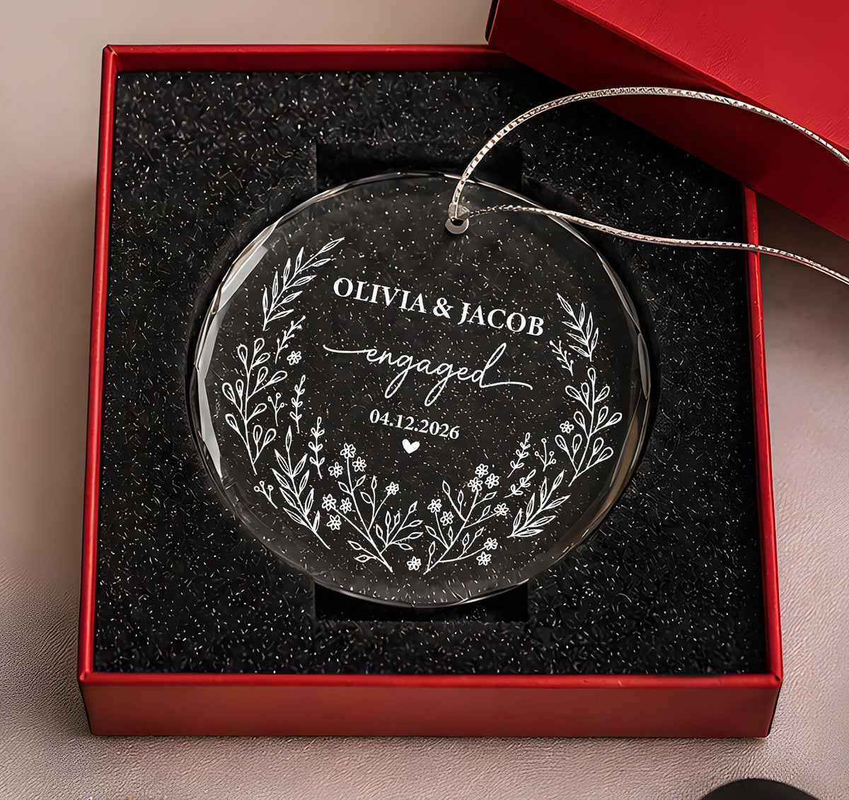 Personalized Engraved Engagement Keepsake, Custom Name & Date Engaged Round Ornament