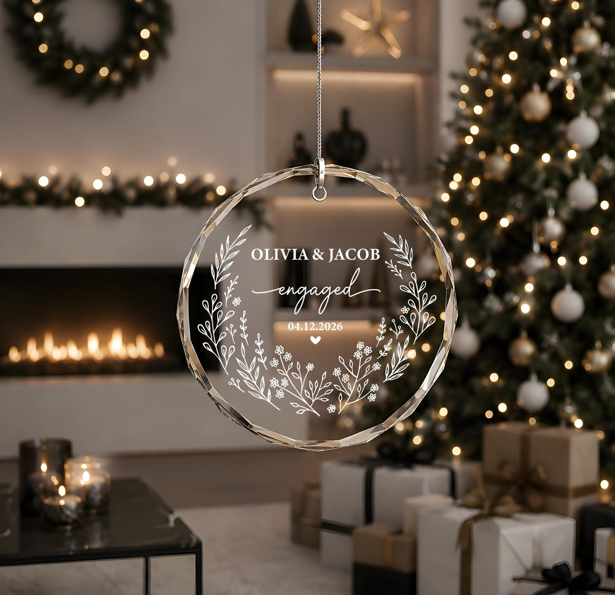 Personalized Engraved Engagement Keepsake, Custom Name & Date Engaged Round Ornament
