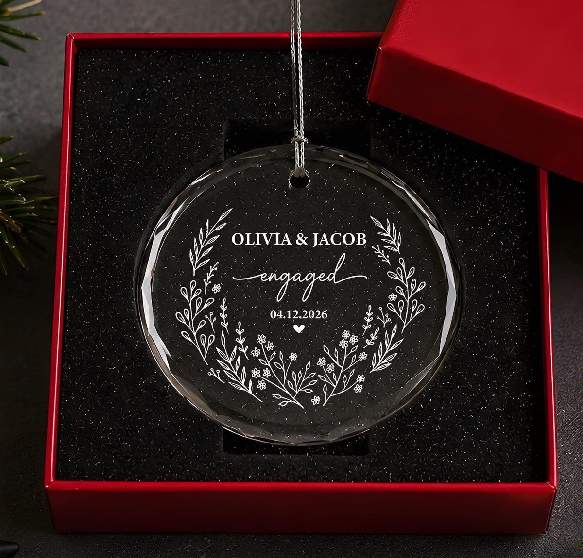Personalized Engraved Engagement Keepsake, Custom Name & Date Engaged Round Ornament