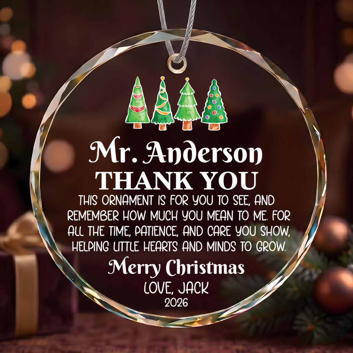 Personalized Teacher Christmas Glass Ornament, Sentimental Thank You Quote Holiday Keepsake