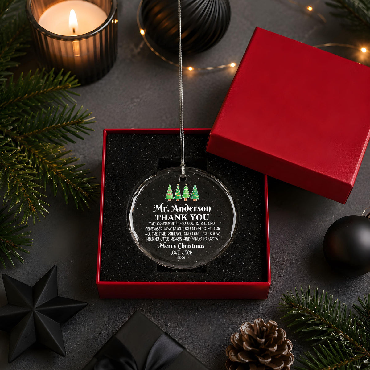 Personalized Teacher Christmas Glass Ornament, Sentimental Thank You Quote Holiday Keepsake