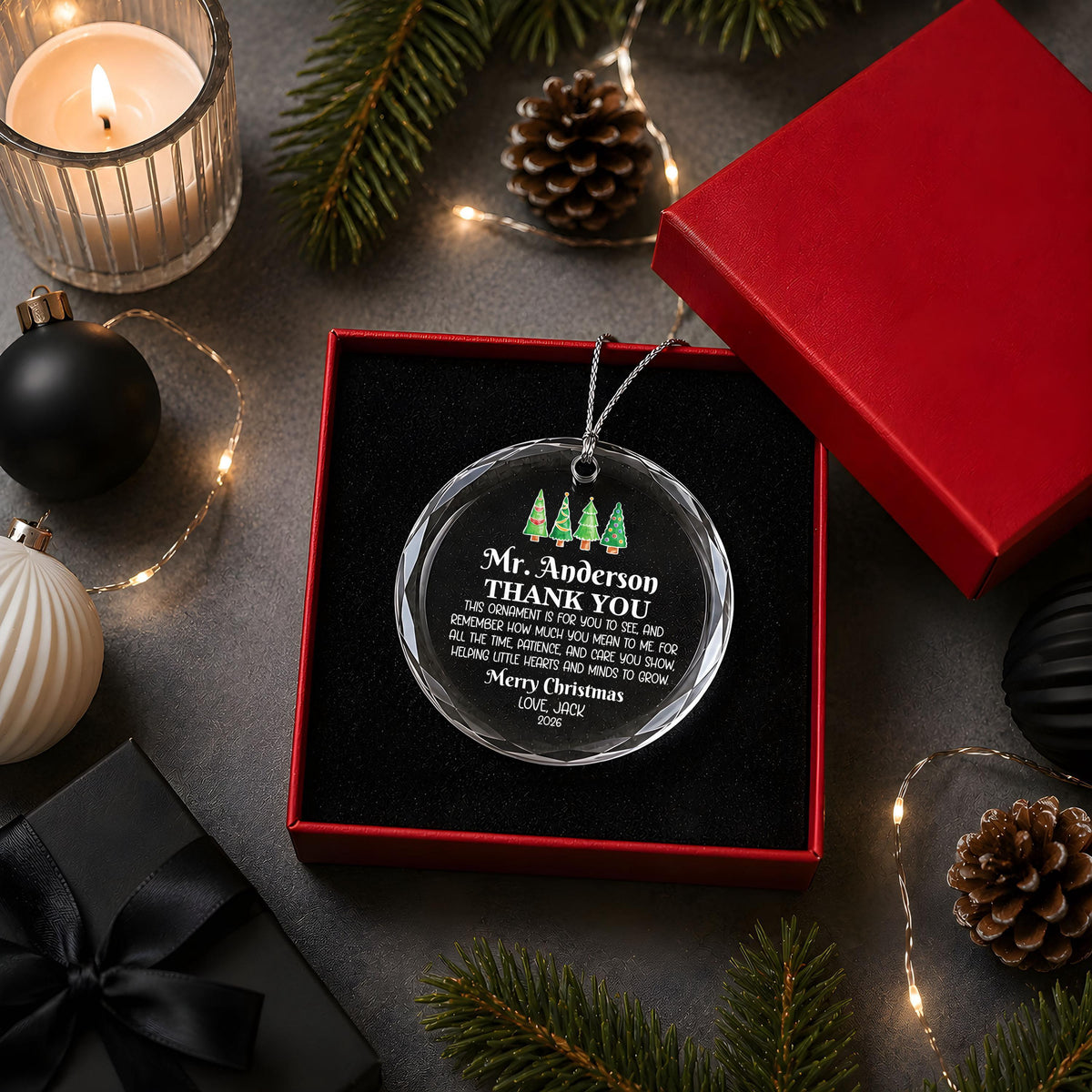 Personalized Teacher Christmas Glass Ornament, Sentimental Thank You Quote Holiday Keepsake