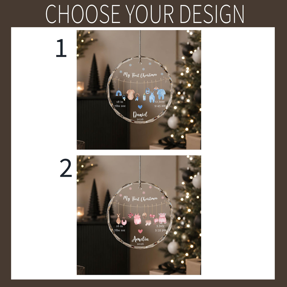 Personalized New Born Baby Birth Stats Ornament, Custom My First Christmas Glass Keepsake
