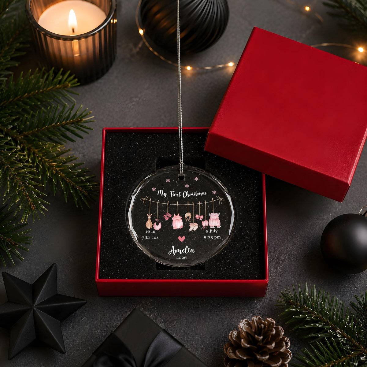 Personalized New Born Baby Birth Stats Ornament, Custom My First Christmas Glass Keepsake