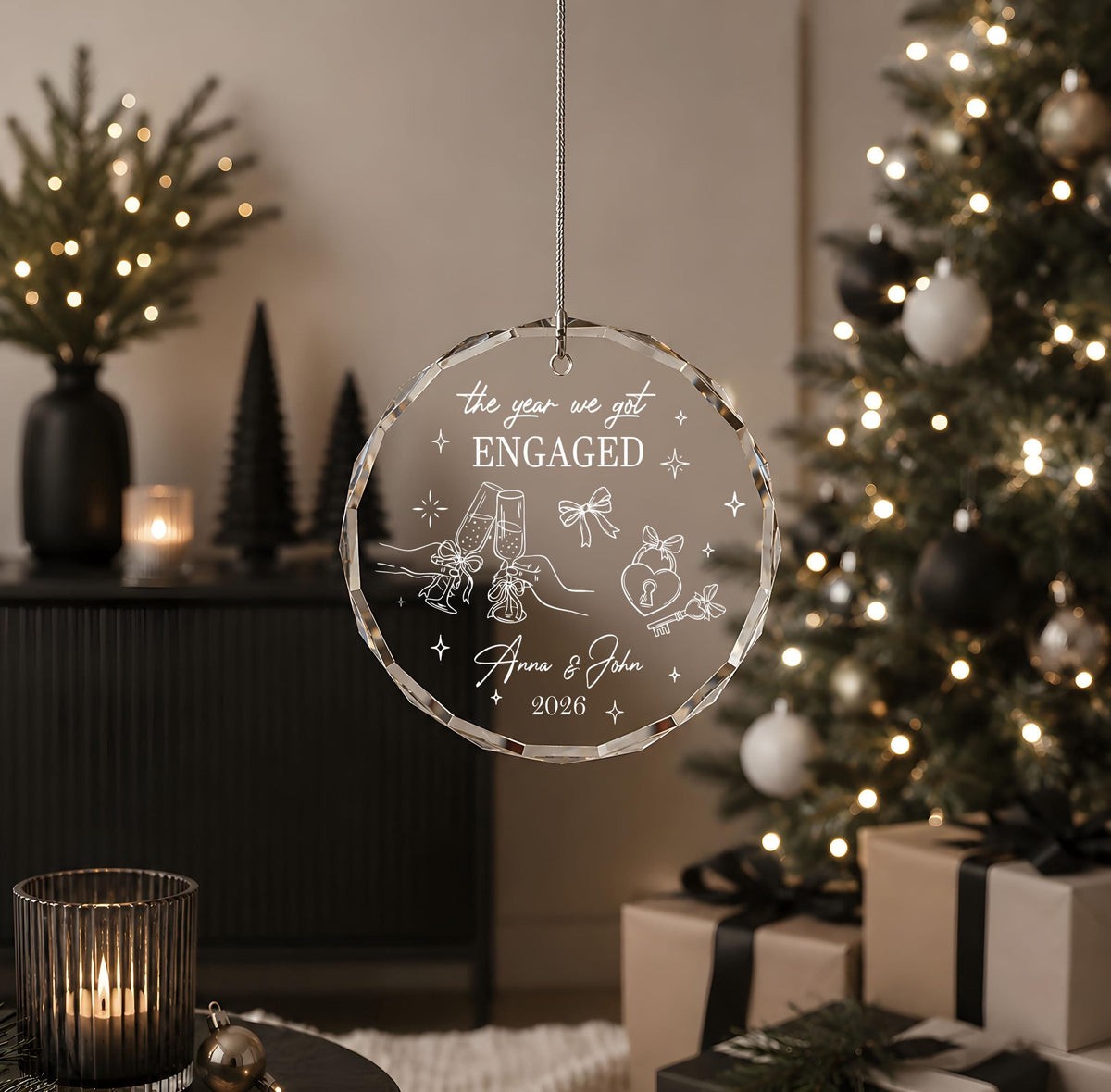 Personalized Aesthetic The Year We Got Engaged Ornament, Custom Engraved Engagement Keepsake