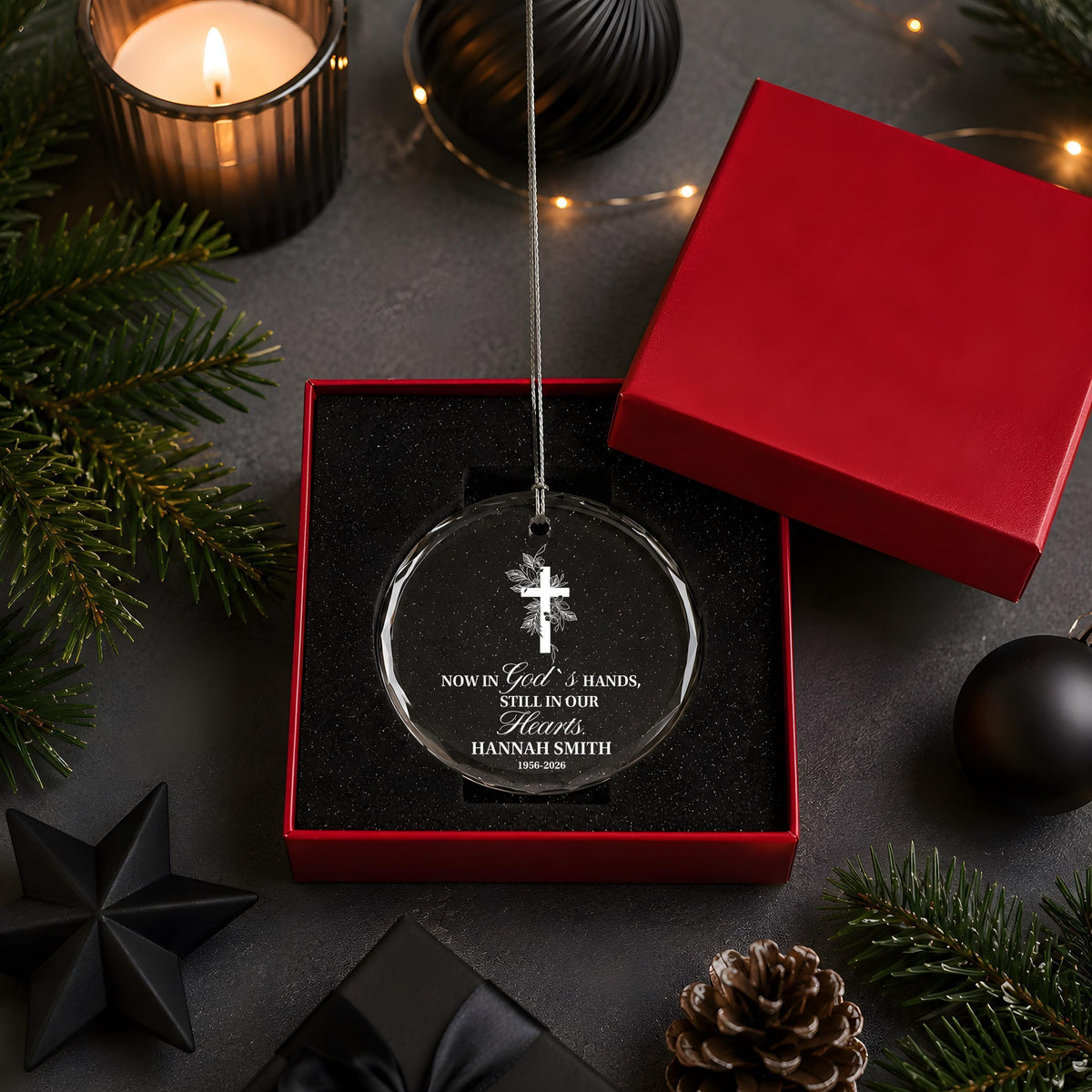 Personalized Christian Memorial Ornament, Still In Our Hearts Quote Remembrance Keepsake