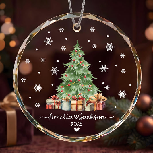 Custom Name Couple Holiday Glass Ornament, Christmas Tree Design Hanging Keepsake