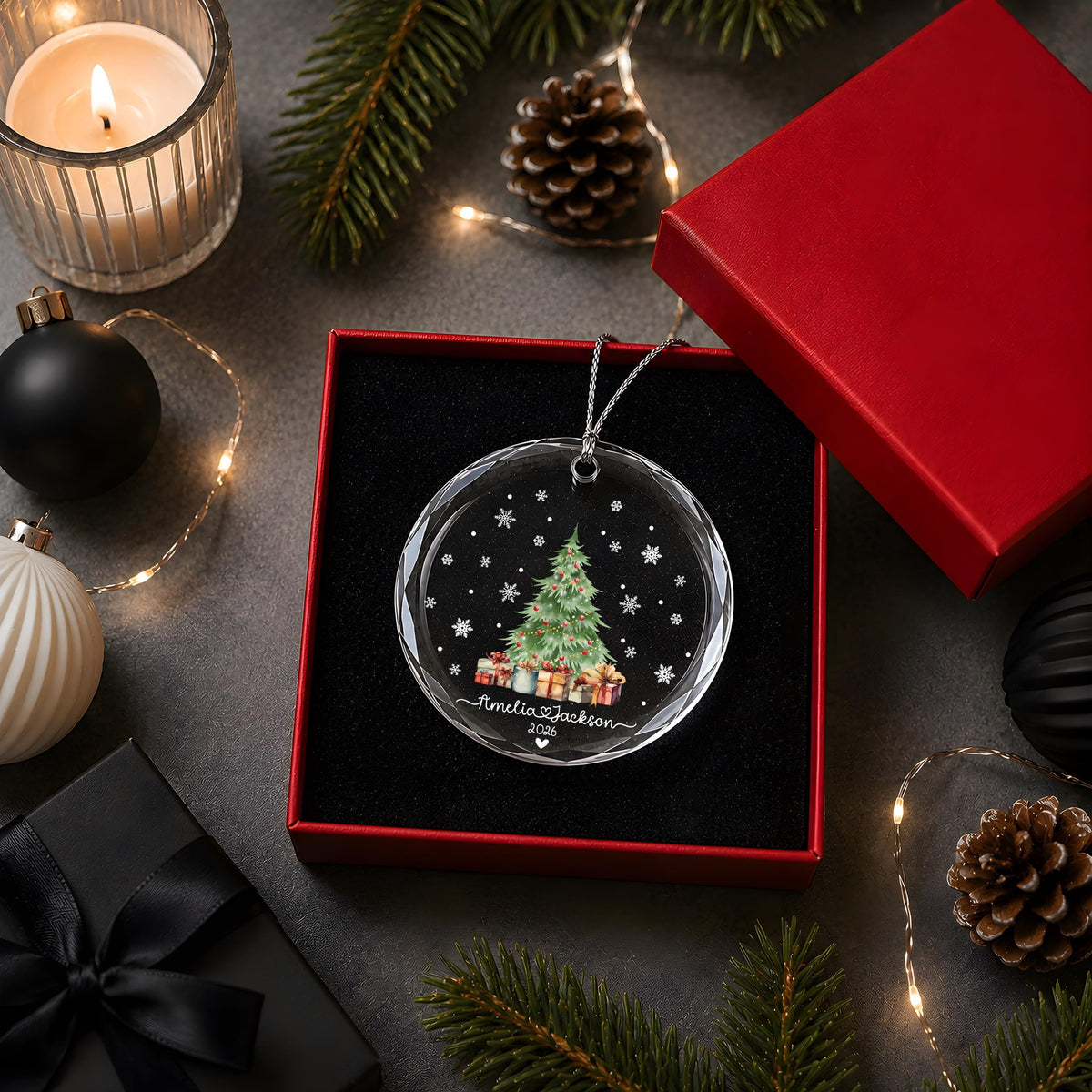 Custom Name Couple Holiday Glass Ornament, Christmas Tree Design Hanging Keepsake