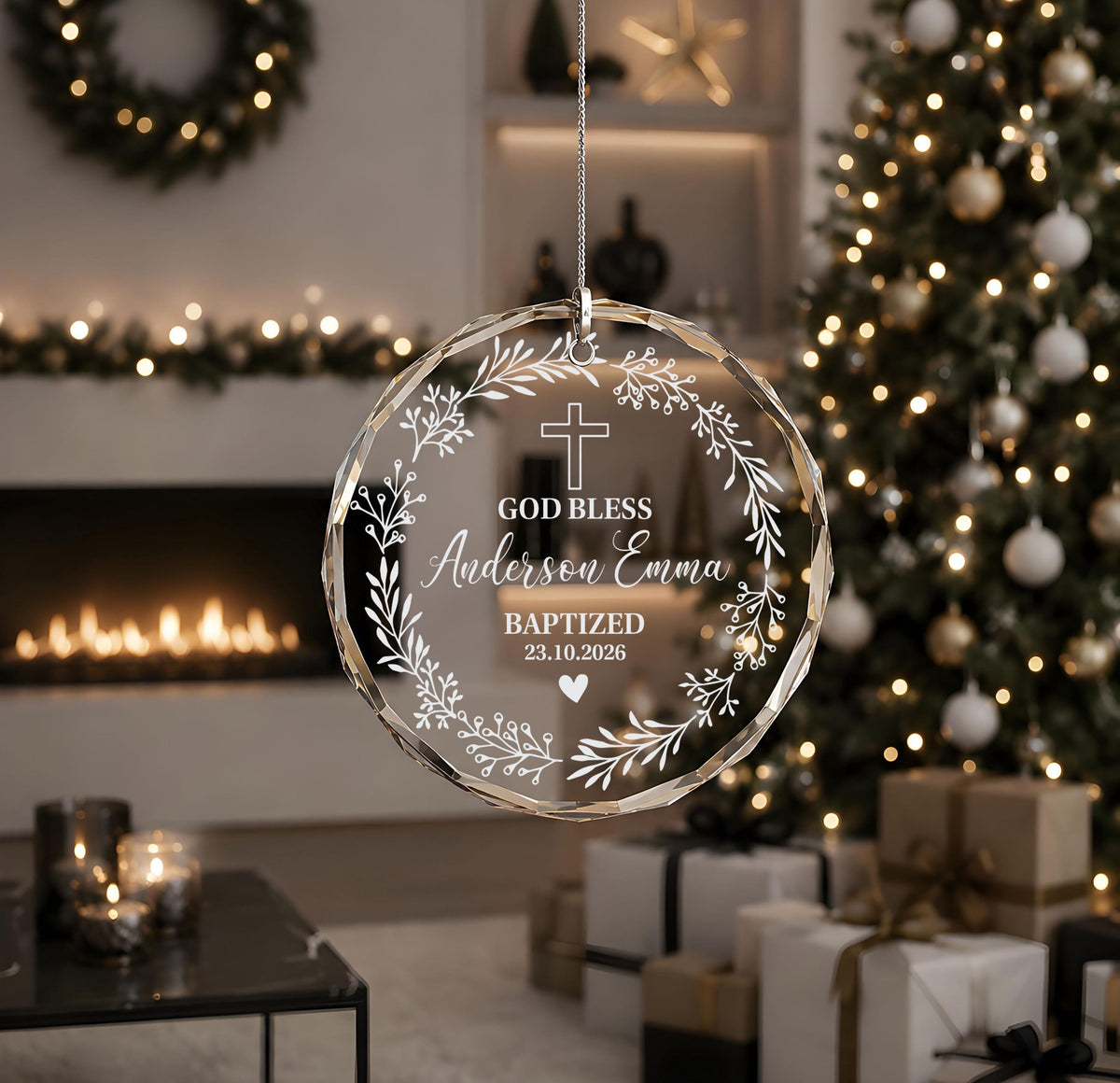 Personalized Engraved Aesthetic Baptism Ornament, Crystal Glass God Bless Bauble