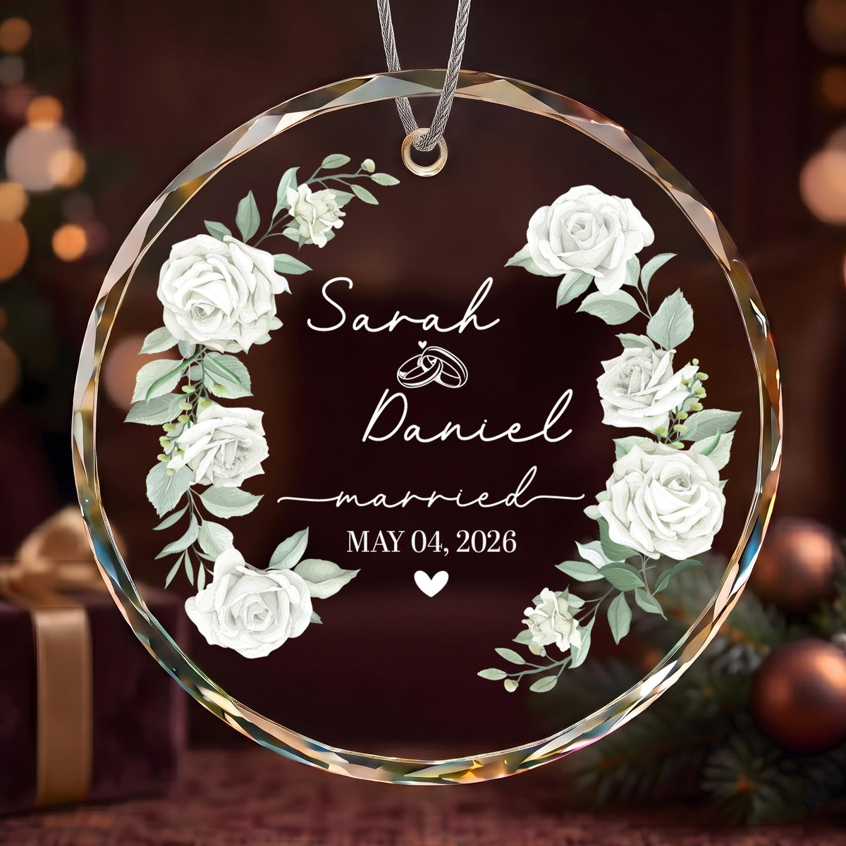 Custom White Rose Design Newlywed Glass Ornament, Personalized Floral Married Keepsake