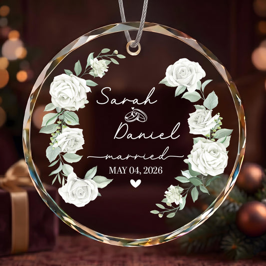 Custom White Rose Design Newlywed Glass Ornament, Personalized Floral Married Keepsake