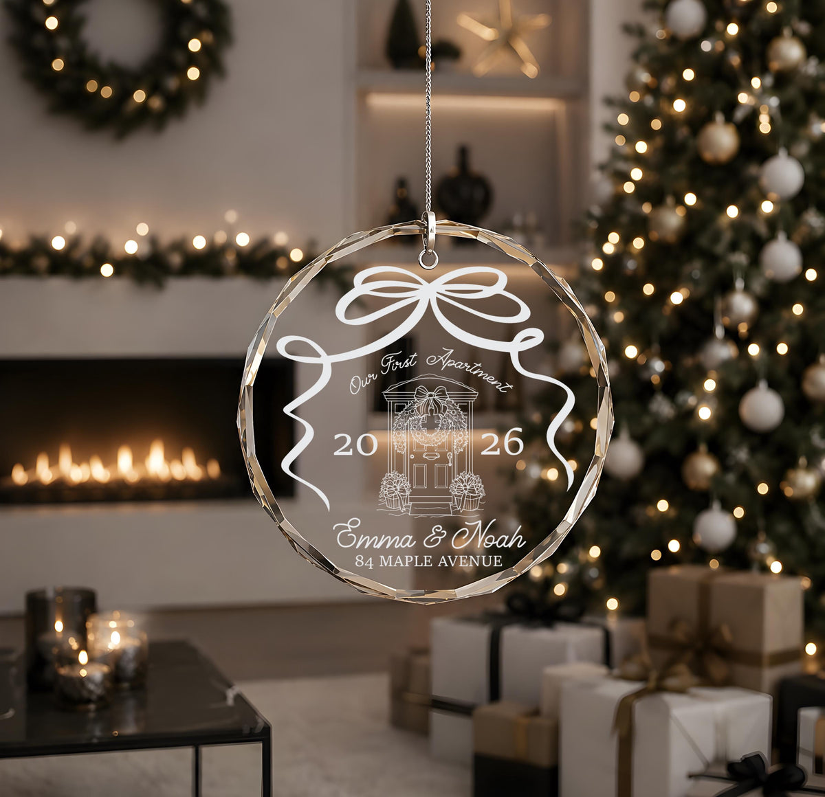 Custom Our First Apartment Glass Ornament, Cute Engraved Housewarming Couple Keepsake