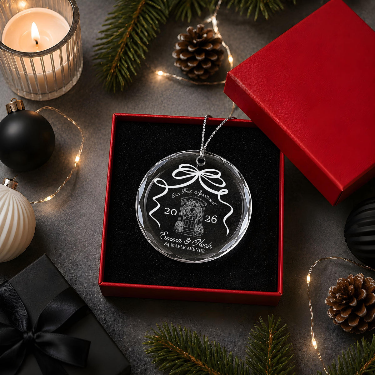Custom Our First Apartment Glass Ornament, Cute Engraved Housewarming Couple Keepsake
