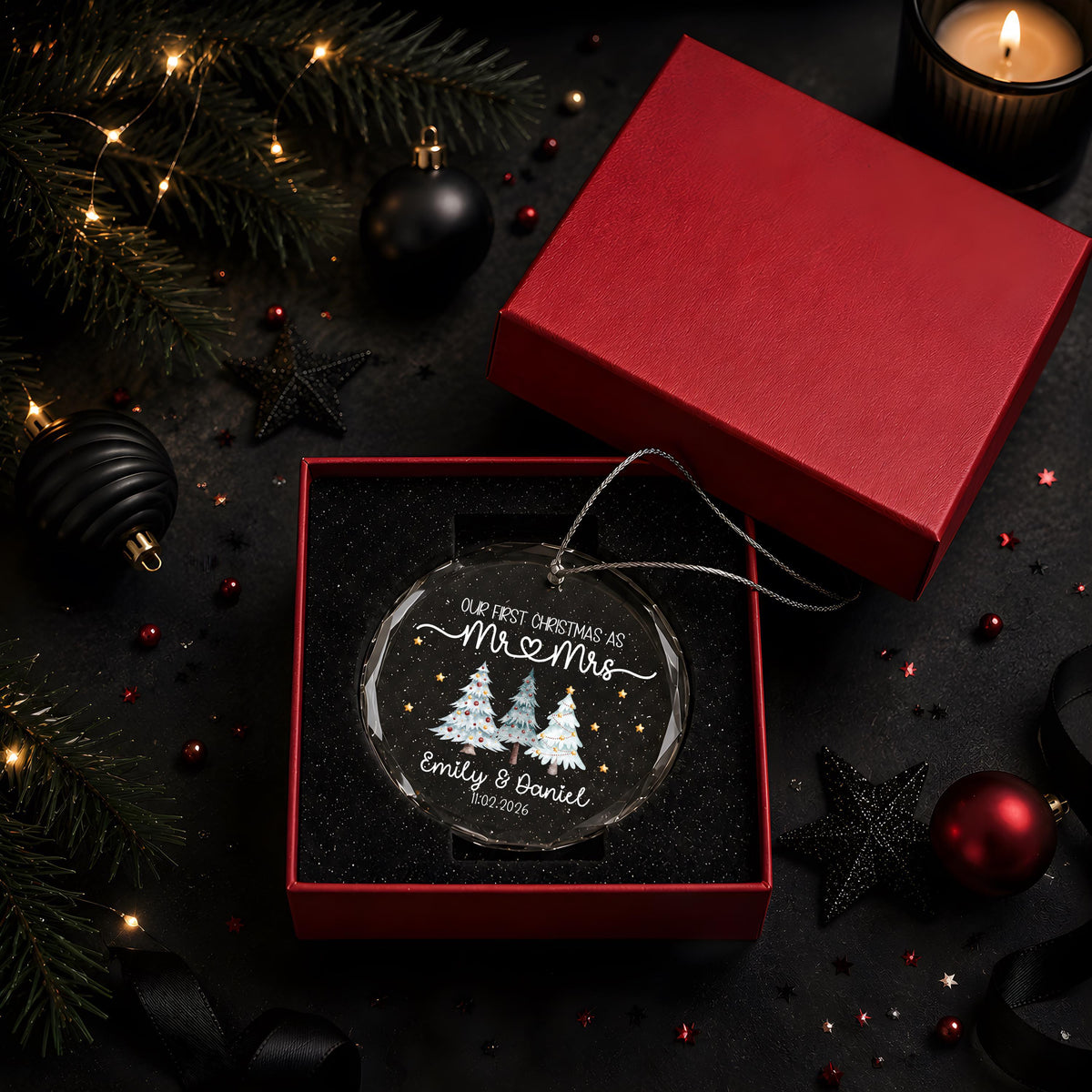 Personalized First Christmas Married Ornament, Custom Mr & Mrs Holiday Round Keepsake